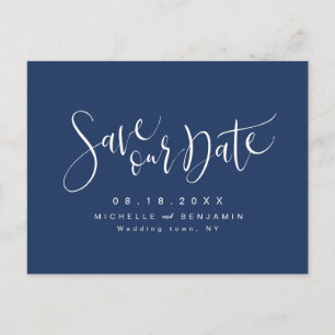 Navy Blue Modern Simple Script Save The Date Announcement Postcard