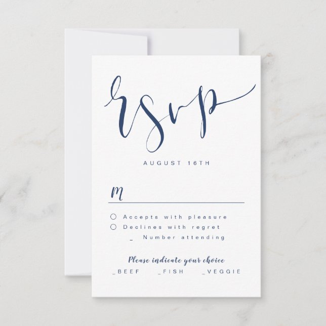 Navy Blue Modern Simple Script wedding RSVP Card (Front)