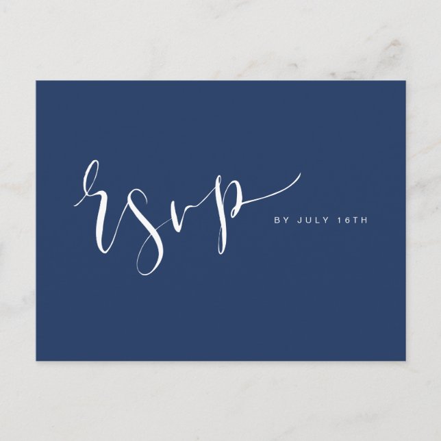 Navy Blue Modern Simple Script wedding RSVP Invitation Postcard (Front)