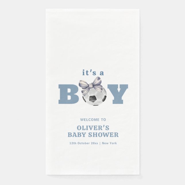 Navy Blue Modern Soccer Boy Baby Shower Welcome Napkin (Front)