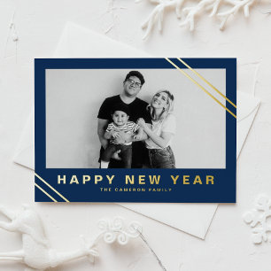 Navy Blue Modern Stripes Photo Happy New Year