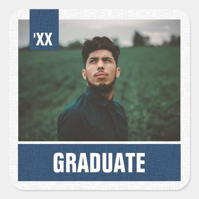 Navy Blue Modern Textured Photo Graduation Square Sticker (Front)