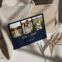 Navy Blue Modern Three Photos Collage Chic Wedding