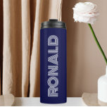 Navy Blue Modern Typography Personalised Name Thermal Tumbler<br><div class="desc">Keep hot beverages hot and cold beverages cold with this trendy,  insulated thermal tumbler that is a navy blue colour along with name printed in white,  modern typography. Edit your thermal tumbler and replace name with desired name. Perfect for a birthday gift,  wedding groomsman gift,  etc.</div>