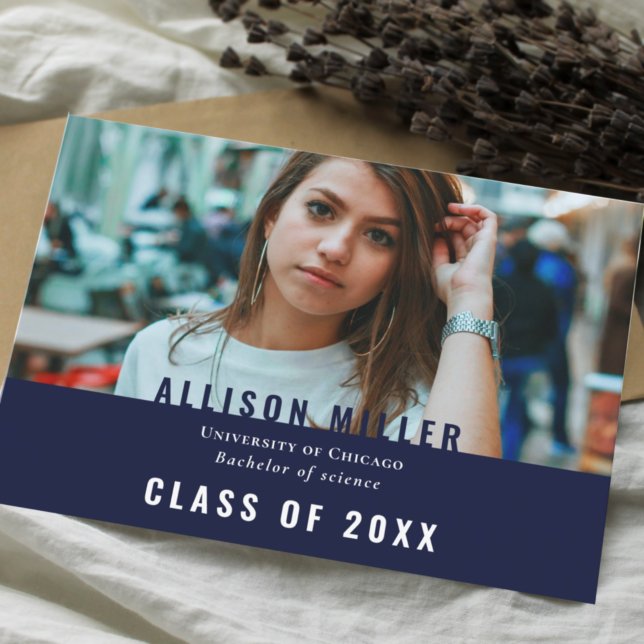Navy Blue Modern Typography Photo Graduation Party Invitation (Creator Uploaded)