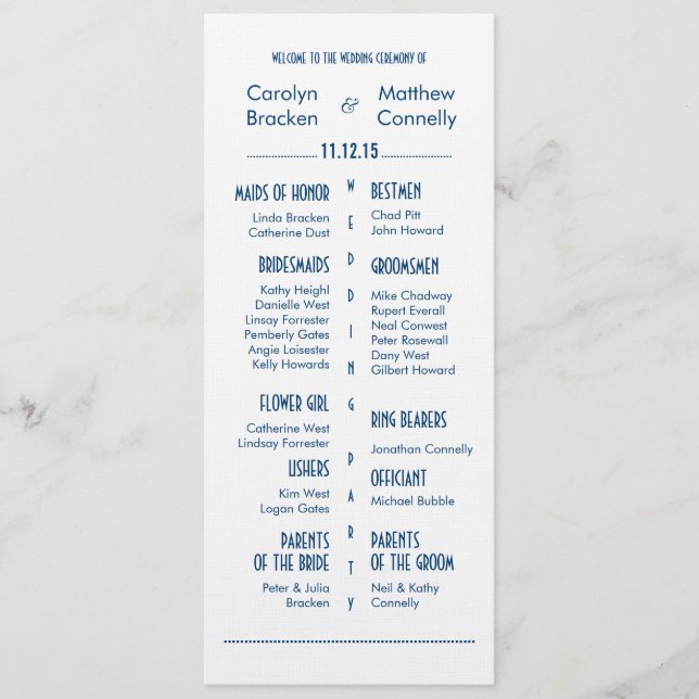 Navy Blue Modern Wedding Ceremony Program Programme (Front)