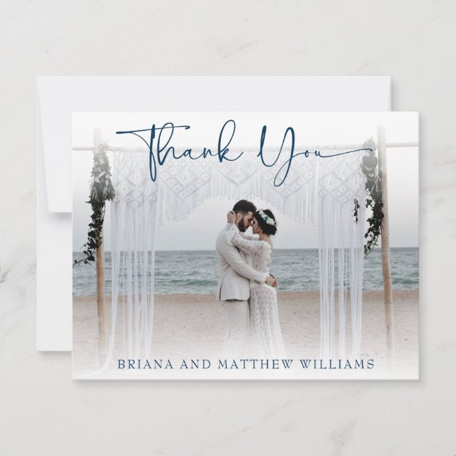 Navy Blue Modern Wedding Photo Thank You Card (Front)