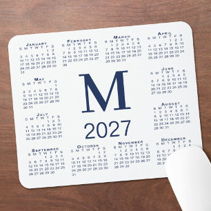 Navy Blue Monogram 2027 Calendar White Mouse Pad