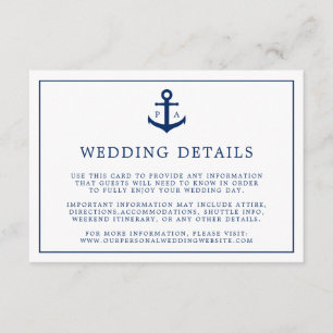 Navy Blue Monogram Anchor Nautical Wedding Enclosure Card