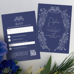 Navy blue monogram blossom RSVP wedding Card