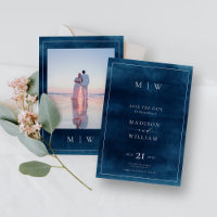 Navy Blue Monogram & Border Elegant Photo