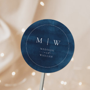 Navy Blue Monogram & Border Elegant Wedding Classic Round Sticker