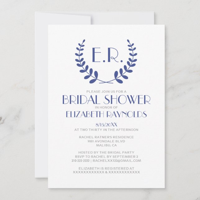 Navy Blue Monogram Bridal Shower Invitations (Front)