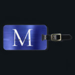Navy Blue Monogram Brushed Metal Girly Script Name Luggage Tag<br><div class="desc">Navy Blue Monogram Brushed Metal Girly Script Name Cute Bag Tag</div>