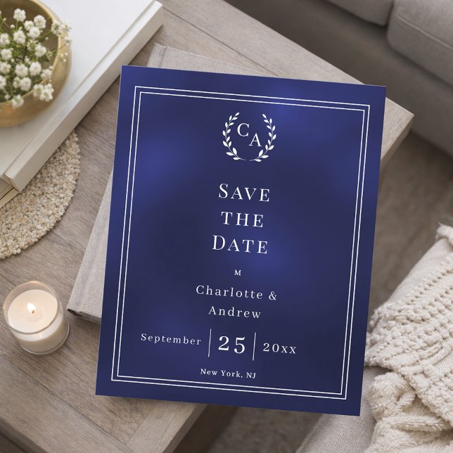 Navy blue monogram budget wedding Save the Date  Flyer (Creator Uploaded)