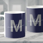 Navy Blue Monogram Coffee Mug<br><div class="desc">Personalised Modern Navy Blue and White Initial Script Name Monogram Coffee Mug. This sleek monogram mug combines a modern minimalist style with a simple yet stylish look, perfect for any coffee or tea lover. Featuring a bold grey initial on a navy blue background and a white script name, this mug...</div>