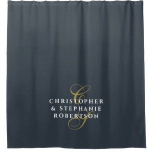 Navy Blue Monogram Couple Gold White Minimalist Shower Curtain