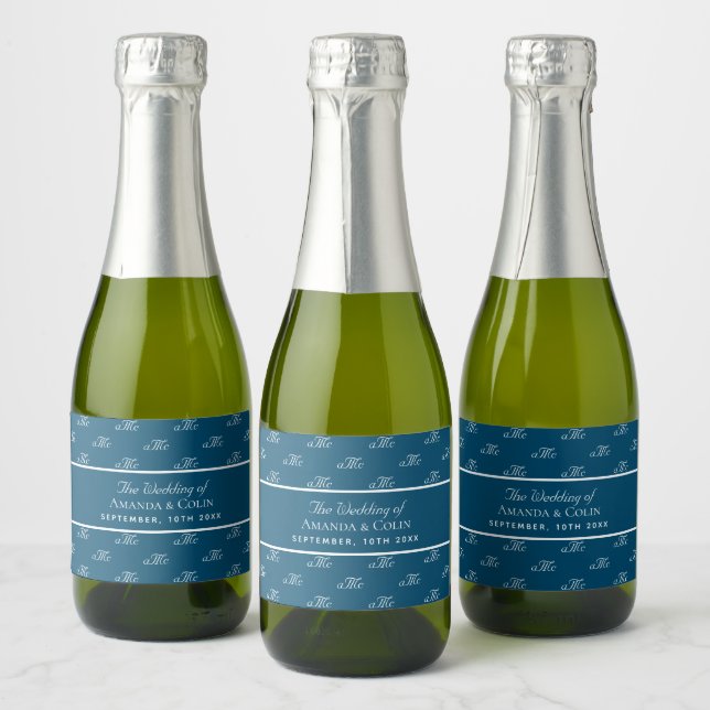 Navy blue monogram couple initials wedding sparkling wine label (Bottles)