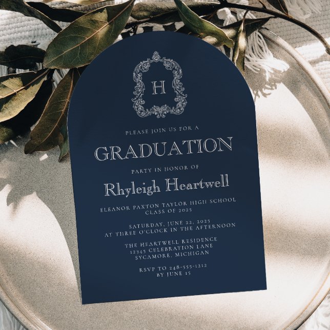 Navy Blue Monogram Crest Arch Graduation Party Invitation (Creator Uploaded)
