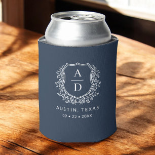 Navy Blue Monogram Crest Wedding  Can Cooler