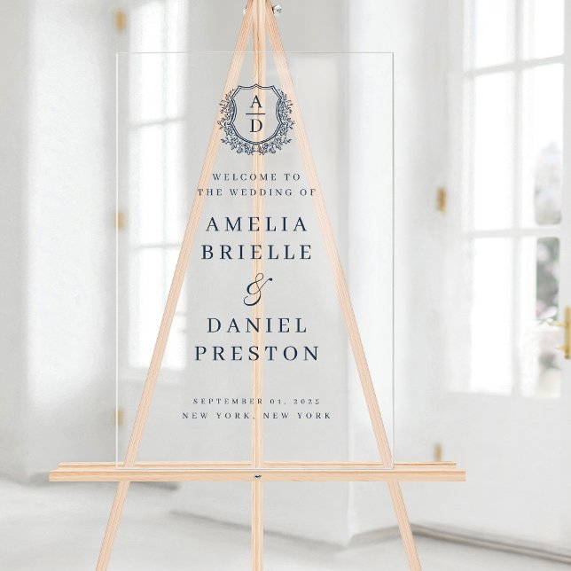 Navy Blue Monogram Crest Wedding Welcome Sign (Creator Uploaded)