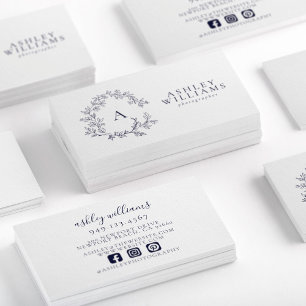 Navy Blue Monogram Floral Crest Professional Business Card