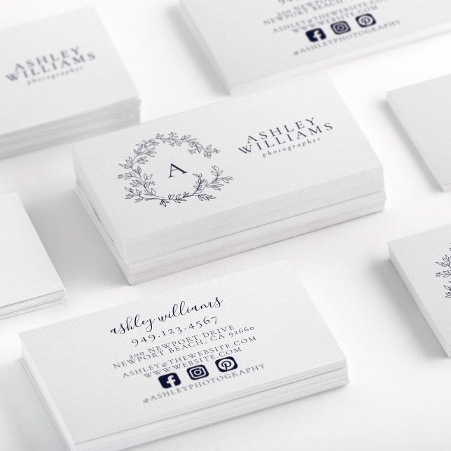 Navy Blue Monogram Floral Crest Professional Business Card (Creator Uploaded)