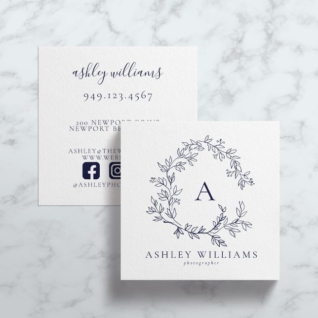 Navy Blue Monogram Floral Crest Professional Square Business Card (Creator Uploaded)