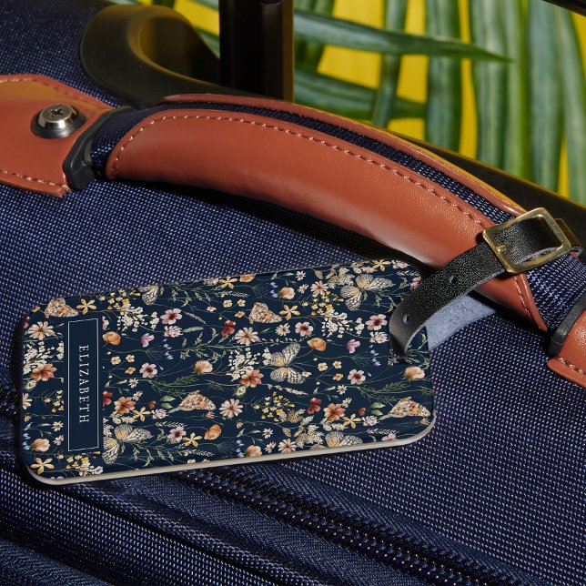 Navy Blue Monogram Floral Luggage Tag (Navy Blue Boho Monogram Floral Luggage Tag by Painted Paperie
)