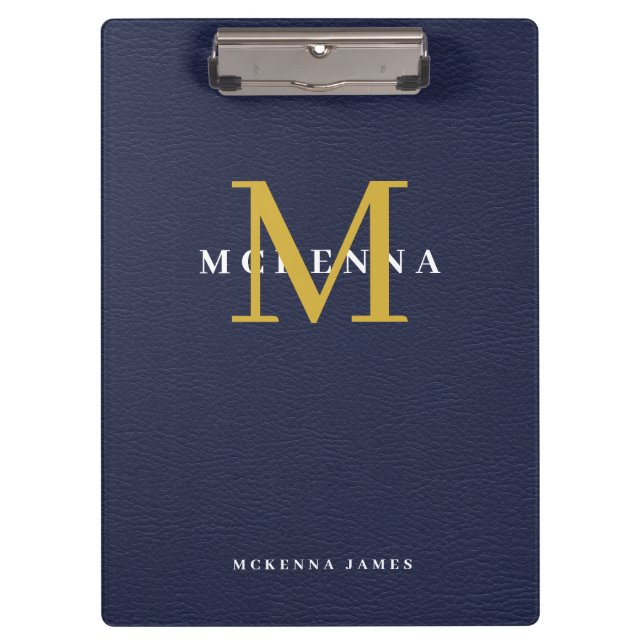 Navy Blue Monogram Gold Initial Faux Leather Clipboard (Front)