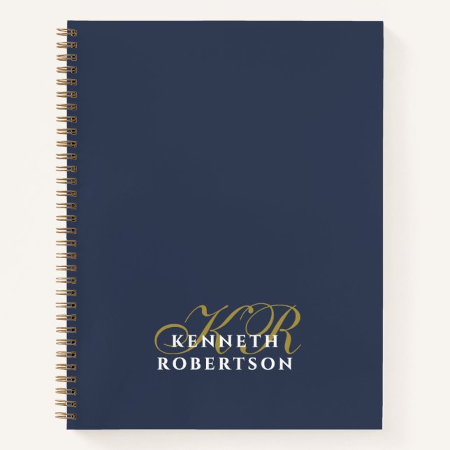 Navy Blue Monogram Gold White Minimalist Chic Men Notebook (Front)