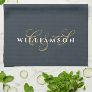 Navy Blue Monogram Gold White Minimalist Couple Tea Towel