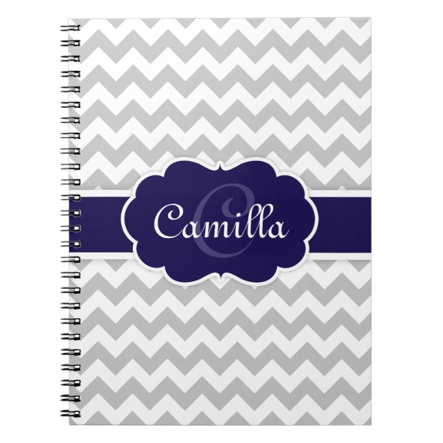 Navy Blue Monogram Grey Chevron Pattern Notebook (Front)