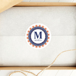 Navy Blue Monogram Name Mandala Custom Classic Round Sticker