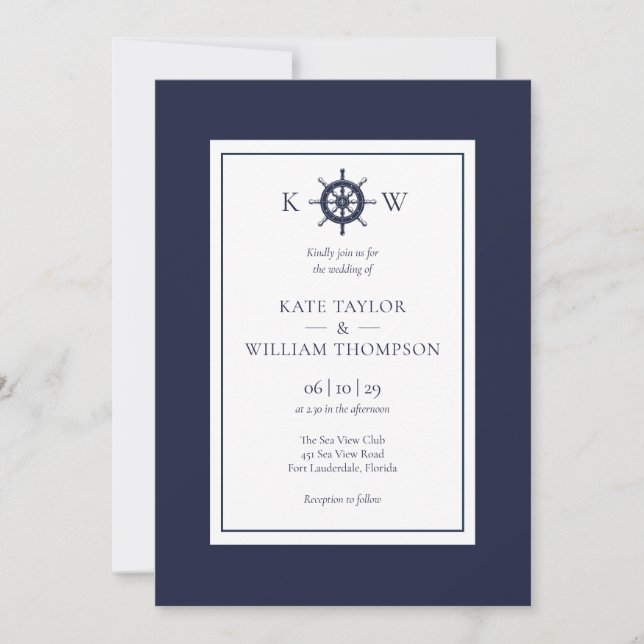 Navy Blue Monogram Nautical Ship Wheel Wedding Invitation (Front)