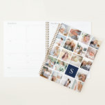 Navy Blue Monogram Photo Collage Planner<br><div class="desc">Customise this chic planner with 19 square photos arranged in a grid collage layout,  with your single initial monogram on a navy blue square at the lower right. Back cover has tone on tone stripes in matching classic navy blue.</div>