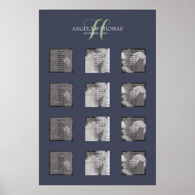 Navy Blue Monogram Photo Seating Chart (Front)