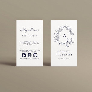 Navy Blue Monogram Professional Floral Crest  Business Card
