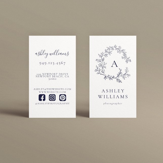 Navy Blue Monogram Professional Floral Crest  Business Card (Creator Uploaded)
