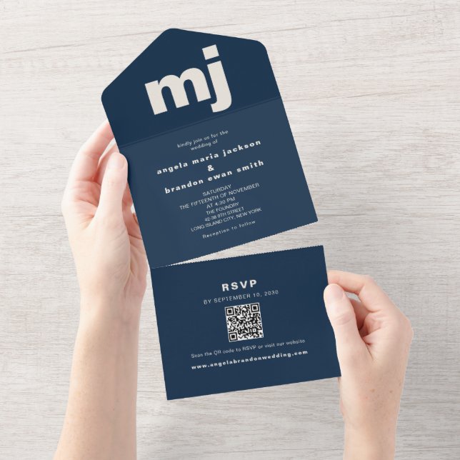 Navy Blue Monogram QR Code Wedding All In One Invitation (Tearaway)