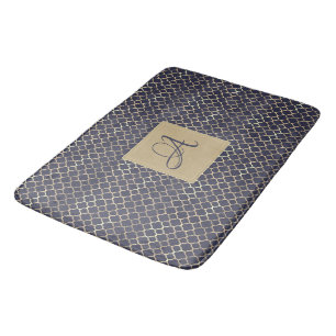 Navy Blue Monogram Quatrefoil Newlyweds Wedding Bath Mat