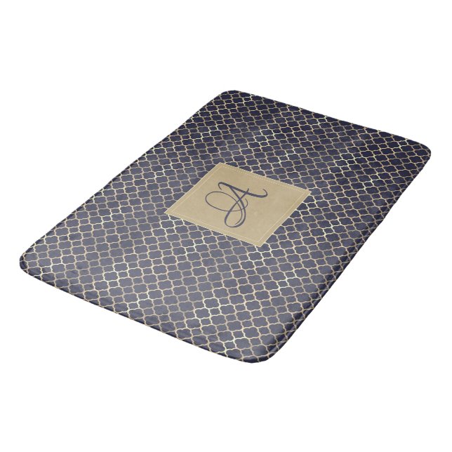 Navy Blue Monogram Quatrefoil Newlyweds Wedding Bath Mat (Angled)