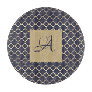 Navy Blue Monogram Quatrefoil Newlyweds Wedding Cutting Board