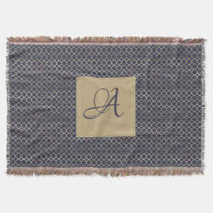 Navy Blue Monogram Quatrefoil Newlyweds Wedding Throw Blanket