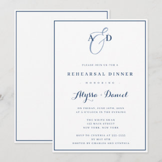 Navy Blue Monogram Rehearsal Dinner Invitation