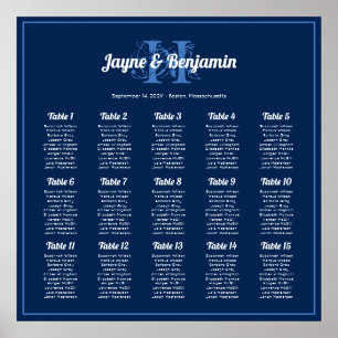 Navy Blue Monogram Seating Chart Square Poster