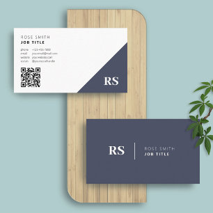 Navy Blue Monogram Stylish QR Code Business Card