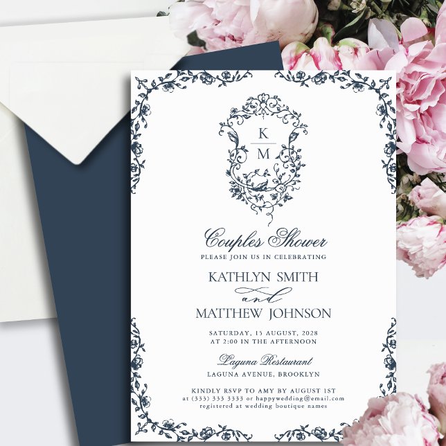 Navy Blue Monogram Vintage Crest Couples Shower Invitation (Creator Uploaded)