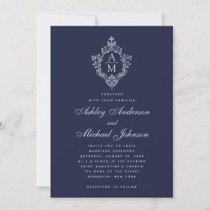 Navy Blue Monogram Vintage Crest Elegant Wedding Invitation