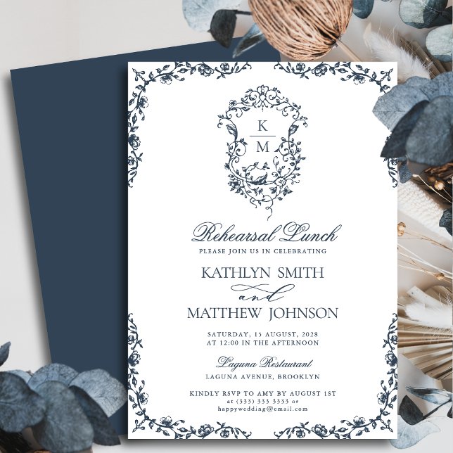 Navy Blue Monogram Vintage Crest Rehearsal Lunch Invitation (Creator Uploaded)